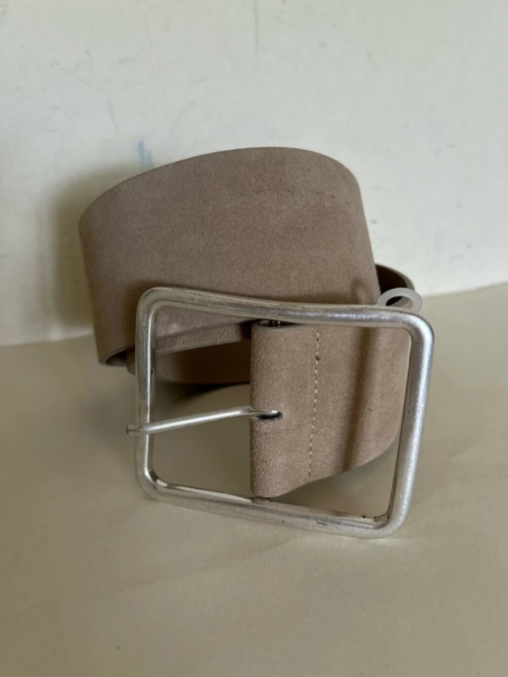 Free People NWOT Suede Leather Light Tan wide Silver Oversized Buckle Belt S/M